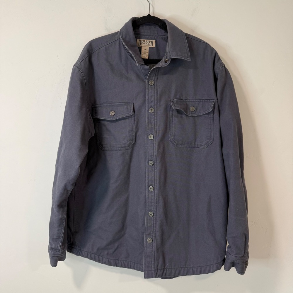 Duluth Trading Co Mens Heavywieght Shirt Jacket L Tall Blue Fleece Lined Canvas
